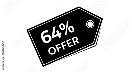 A bold, minimalist graphic of a price tag showcases a substantial 64% off discount, symbolizing significant savings and enticing deals for discerning shoppers. vector illustration