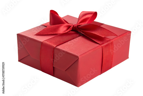A beautifully wrapped red gift box with a luxurious satin ribbon and bow, isolated on a clean white background for any special occasion or celebration