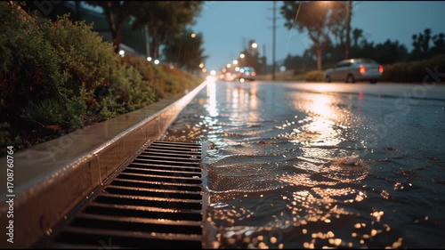 Rainwater pouring into a storm drain on a street at night. Drainage system for urban water management and wet weather. Loopable footage.