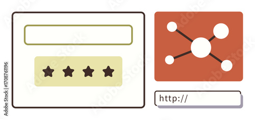 Rating stars in input box, network icon, and URL bar. Ideal for feedback, digital marketing, networking, web design, user interface, SEO and communication in simple flat metaphor