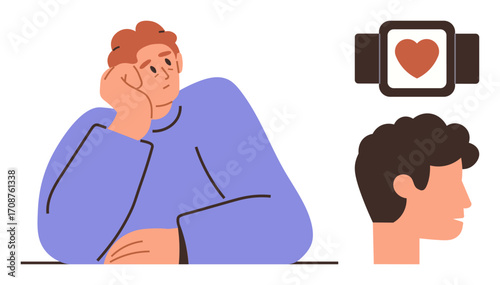 Contemplative individual resting hand on face, pondering romance, accompanied by heart on smartwatch. Ideal for emotion, love, technology, dating, relationships introspection social media. Simple