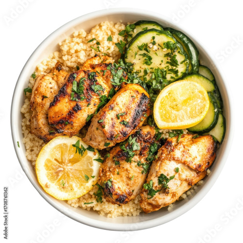 Grilled chicken with couscous and sautéed zucchini served with lemon slices in a healthy Mediterranean bowl on transparent background