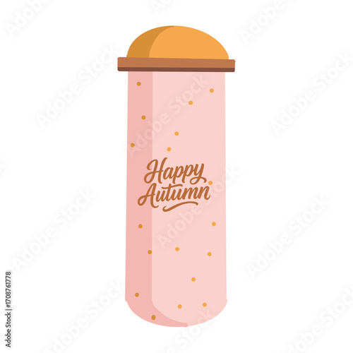 Cute pink thermos with Happy autumn inscription. Accessory for woman, girl. Travel thermo mug, glass for hot drinks. Autumn artifact. Vector flat illustration isolated on white background.