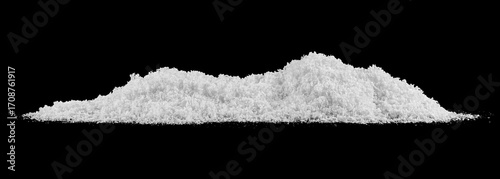Heap of white fluffy snow isolated on a black background. Snow hills, snowdrifts. Long web banner.