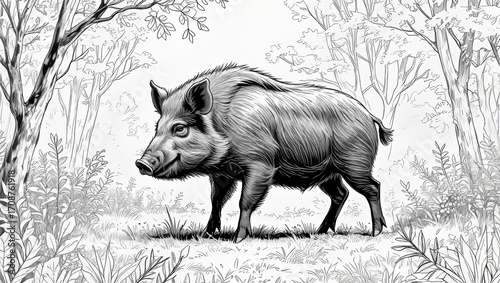 Wild pig walks through a forest area surrounded by trees and shrubs in a natural setting