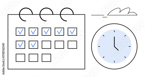 Calendar marked with checkboxes and a clock emphasizing schedule tracking, planning, and time efficiency. Ideal for organization, productivity, goal setting, workflow, deadlines, time management