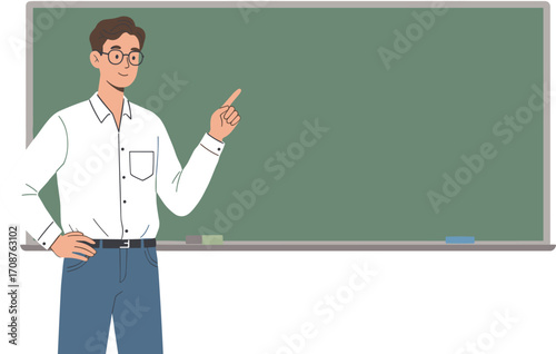 Teacher standing in front of chalkboard, pointing at blank space, classroom, education, professional teacher, school concept, vector illustration, learning environment