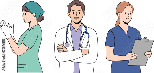 Cartoon medical professionals, nurse wearing gloves, doctor with stethoscope, healthcare worker with clipboard, hospital staff team, medical vector illustration, healthcare concept