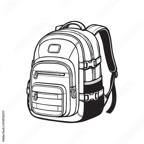 A black and white vector shows a backpack, outlined in strong black strokes, highlighting compartments, stitching, and structural details suitable for illustration or product design.