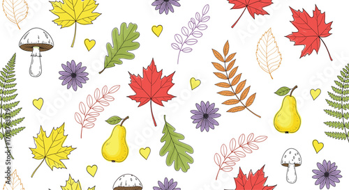 Whimsical autumn pattern with maple leaves, mushrooms, pears, and flowers in vibrant seasonal colors for decorative and design use