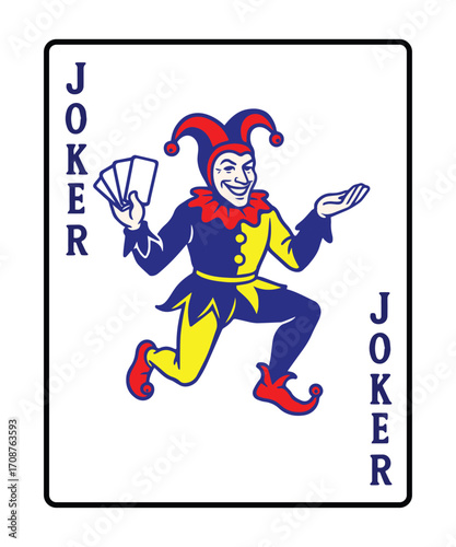 A colorful vector shows a joker playing card, emphasizing bright patterns, expressive character, and dynamic composition, suitable for cards, illustrations, or game designs.