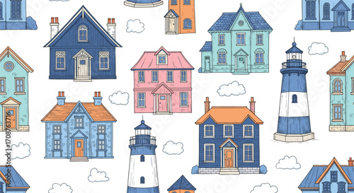 Whimsical colorful houses and lighthouses pattern with cartoon architecture, playful clouds, fantasy buildings, vibrant rooftops, decorative urban scene illustration