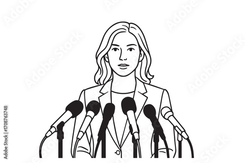 Vector illustration of a woman holding a press conference, multiple microphones in front, black and white style, outlined with bold black lines, emphasizing professionalism.