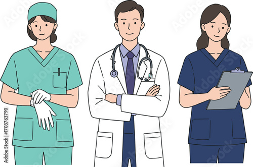 Cartoon doctors and nurses in healthcare uniforms, medical staff in scrubs and white coat, professional hospital team, vector illustration for medical concepts