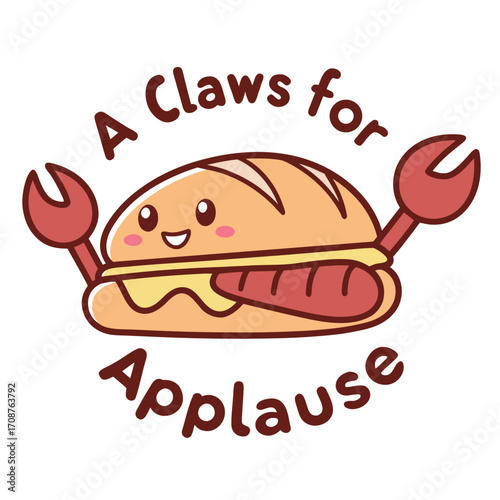 Joyful crab sandwich smiles beneath celebratory text and boasts prominent cartoon claws; transparent background