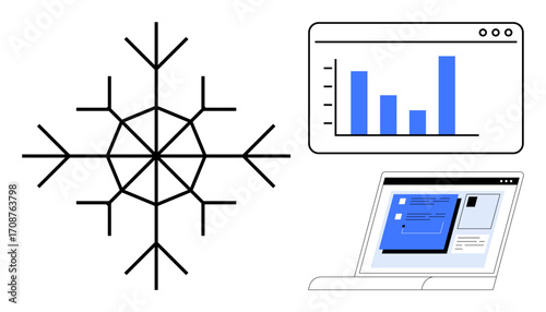 Geometric snowflake, bar chart in a browser window, and a laptop with open digital interface. Ideal for data analytics, technology, software development, workflow optimization, innovation, digital