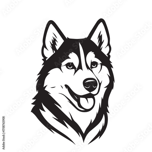 Vector illustration of a Siberian Husky’s head, black and white style, outlined with bold black lines, emphasizing facial features, fur, and expressive eyes.