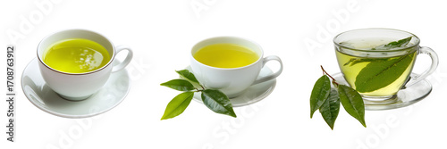 Set of A glass teapot filled with green tea and loose leaves on transparent png background. Ai generated