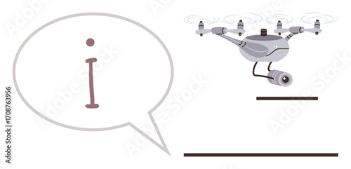 quadcopter equipped with surveillance camera hovering mid-air beside a speech bubble containing a letter i. Ideal for security, technology, communication, innovation, information sharing, AI, future