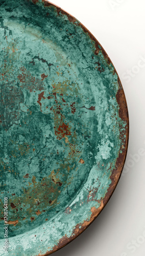 Antique copper plate with oxidized surface and weathered patina