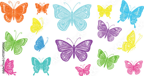 Colorful hand-drawn butterflies in various styles and wing patterns, vibrant nature illustration showcasing diversity and beauty of insects