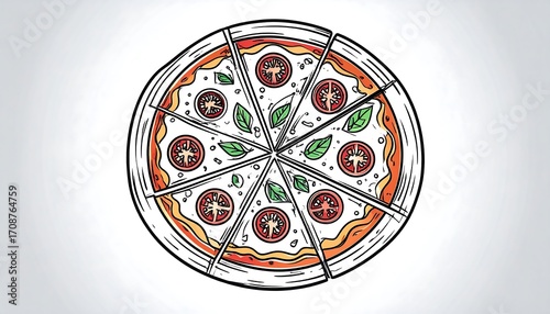 Delicious Hand-Drawn Pizza with Tomatoes and Basil, Sliced into Eight Pieces