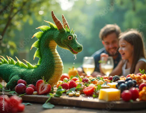 A green dragon toy with horns and open mouth is surrounded by fruits and cheese on a table, with two people in the background.