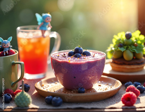 A purple smoothie, blueberries, and raspberries are arranged on a wooden table, accompanied by a glass of iced tea and a green teapot.