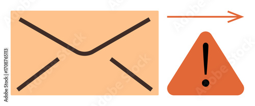Envelope symbol with an arrow indicating movement and an exclamation mark inside a warning triangle. Ideal for email security, phishing alerts, cybersecurity, warnings, communication, caution, simple
