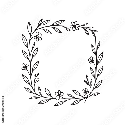 Minimalist vector drawing of a floral frame, black and white style with strong black outlines, suitable for creative design, invitations, prints, or decorative illustrations.