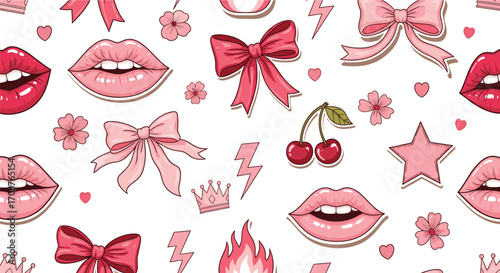 Pop art fashion pattern with glossy lips, cherries, bows, lightning bolts, crowns, flames, stars, flowers, seamless vector design