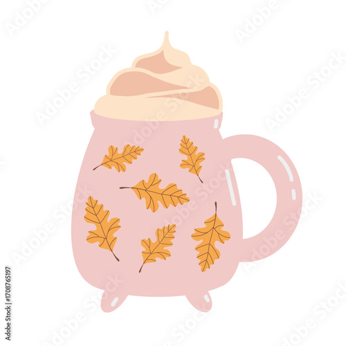 Illustration of cute pink mug with whipped cream. Mug with autumn leaves isolated on white background. Vector flat illustration. Autumn attribute