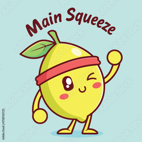 Cartoon lemon with a red headband winks and raises its hand in a light blue background