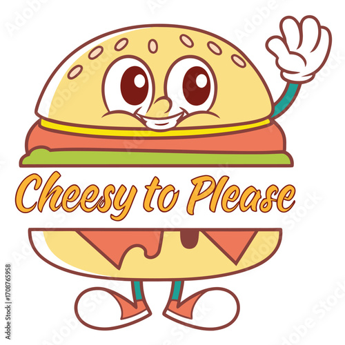 Smiling cartoon burger character stands happily waving its hand against a transparent backdrop