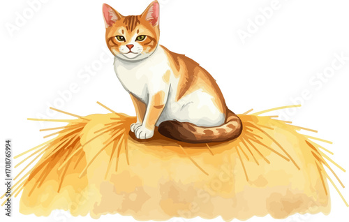 Watercolor vector illustration a cat on a haystack.