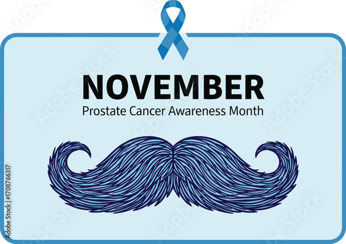 Prostate Cancer Awareness Month illustration with blue ribbon, mustache, and November text for men's health and Movember campaign design