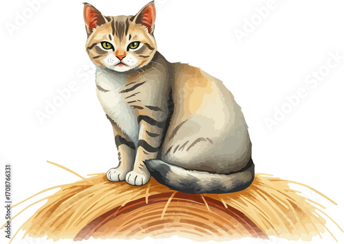 Watercolor vector illustration a cat on a haystack.