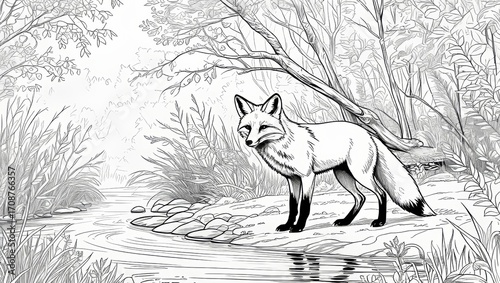 Fox standing by a calm stream surrounded by trees in a tranquil setting
