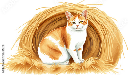 Watercolor vector illustration a cat on a haystack.