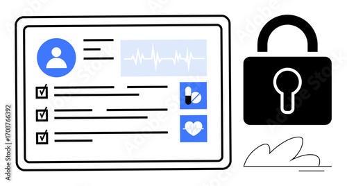 Digital health record interface with user information, medical details, pills, heartbeat icon, and a lock symbol. Ideal for healthcare security, data protection, technology, privacy cyber security