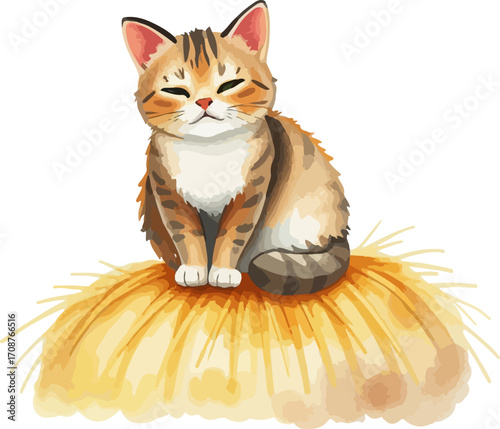 Watercolor vector illustration a cat on a haystack.