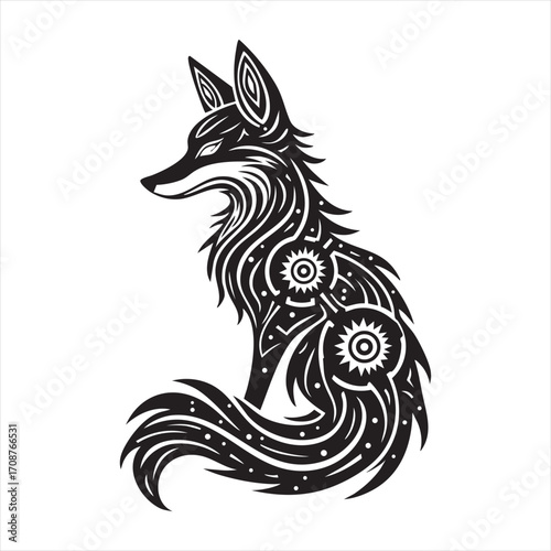 A stylized black and white illustration of a sitting fox with intricate tribal patterns and floral motifs adorning its fur