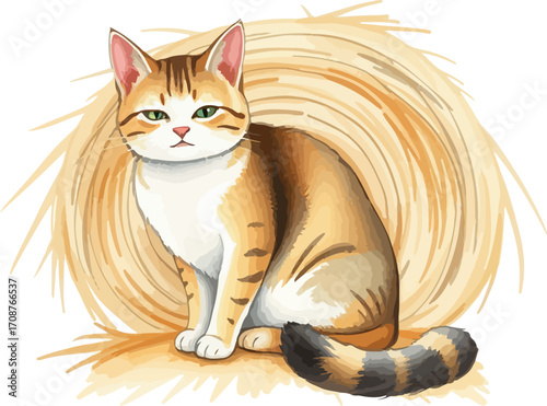 Watercolor vector illustration a cat on a haystack.