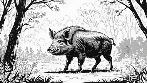 Wild boar stands in a dense forest clearing during a bright daytime in autumn