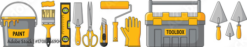 Construction and painting tools set with paint bucket, roller, brush, glove, toolbox, trowel, utility knife, vector illustration