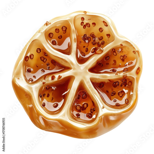 Delicious caramelized orange slice with glossy glaze, showcasing vibrant colors and intricate textures in a close-up view. on transparent background