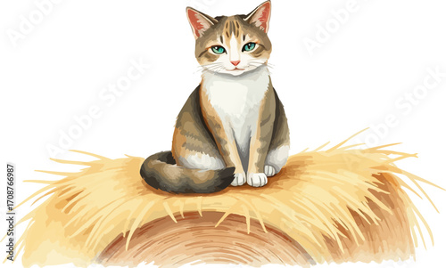 Watercolor vector illustration a cat on a haystack.