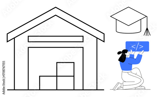 Warehouse structure with boxes, graduation cap symbolizing education, and individual working on coding. Ideal for e-learning, logistics, education, programming, career development, online training