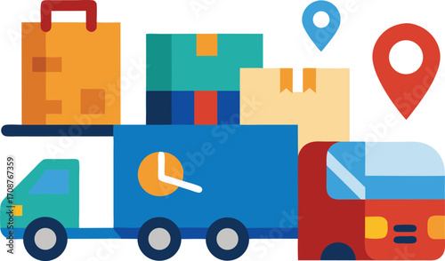 Modern delivery and logistics vector illustration with truck boxes and pins scalable eps