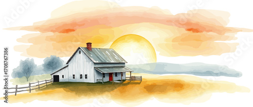 House in the countryside. Watercolor vector illustration.